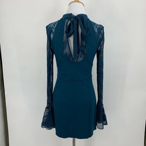 Free People It's Now or Never Mini Dress Women Size S Teal Bell Sleeves Fish Net - Picture 4 of 13
